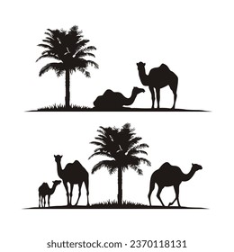 Camel Silhouette with Date Palm Tree Landscape Vector Illustration