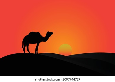 Kamelsilhouette während eines Wüstenuntergangs, Landschaft der Wüste, Kamelsilhouetten. Vektorgrafik.