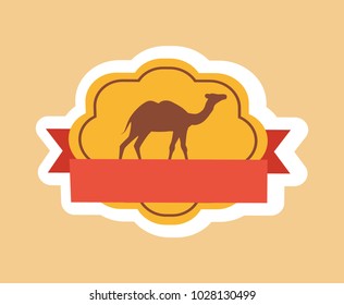 Camel silhouette pretty poster vector illustration of animal with two humps isolated in round sticker with white frame empty red ribbon, pink backdrop
