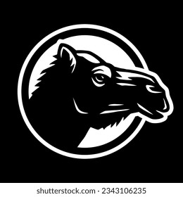 Camel silhouette, round shape logo on a dark background.