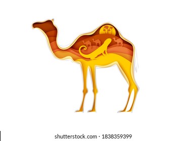 Camel silhouette with Sahara desert landscape, lizard, caravan inside, vector illustration in paper art style. Beauty of nature. Save animals, protect wildlife. Travel, adventure. Multiple exposure.