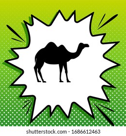 Camel silhouette sign. Black Icon on white popart Splash at green background with white spots. Illustration.