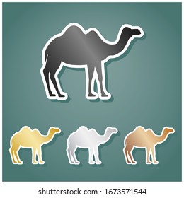 Camel silhouette sign. Set of metallic Icons with gray, gold, silver and bronze gradient with white contour and shadow at viridan background. Illustration.