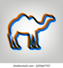 Camel silhouette sign. Stroked Icon in orange, azure and old lavender Colors at gray Background. Illustration.