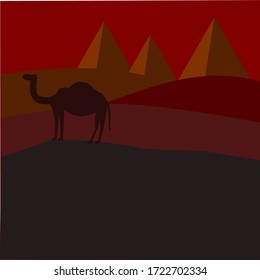 camel silhouette and three pyramids