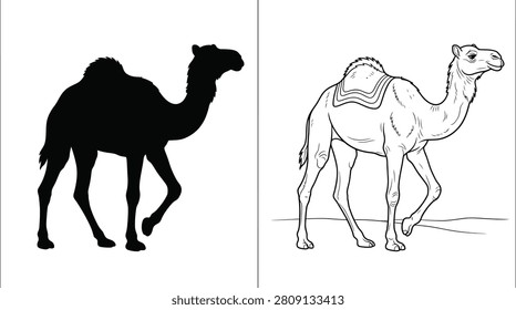 Camel Silhouettes in Black Solid and Outline Versions, Showcasing Desert Animal Forms.