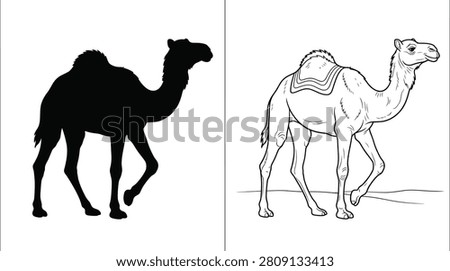 Camel Silhouettes in Black Solid and Outline Versions, Showcasing Desert Animal Forms.