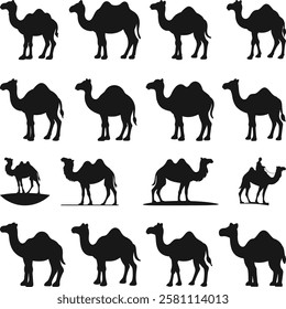 Camel Silhouettes Collection set, World wildlife day camel silhouette with white background