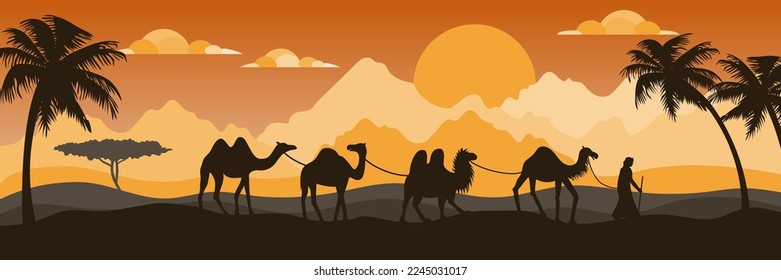 Camel silhouettes in desert. Bedouin caravan, pyramids and sun. Arab travel in Sahara safari, Arabian group in egypt. Horizontal banner dune landscape. Vector cartoon current illustration