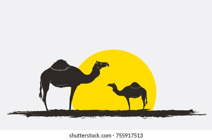 Camel Silhouettes in Sunrise Vector