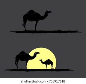 Camel Silhouettes in Sunset Vector