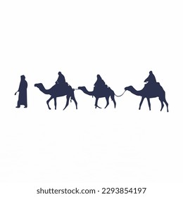 Camel Silhouettes. Vector Image, Cameleer with camels silhouette graphic vector, Camel caravan silhouette. Vector illustration isolated on white background.