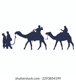 Camel Silhouettes. Vector Image, Cameleer with camels silhouette graphic vector, Camel caravan silhouette. Vector illustration isolated on white background.