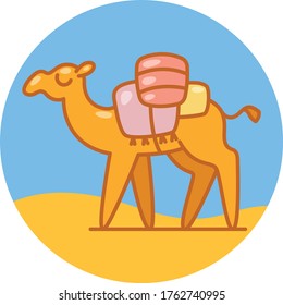 Camel in simple cartoon flat style in a desert
