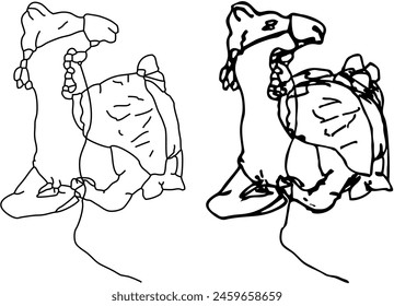 Un camello sentado en el suelo, con un sillín y adornos colgantes en el arnés. Dibujo de línea simple y opción de tinta
