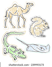 camel, squirrel, alligator, stingray vector illustrations