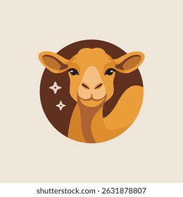 Camelo de pé em um círculo marrom, adequado para projetos desertos, folhetos de viagem, campanhas de conscientização da conservação animal e decoração étnica.