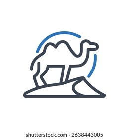 A camel standing in the desert with sand dunes icon.