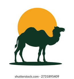 Camello de pie frente a un Grande icono de silueta de animal del desierto de sol naranja