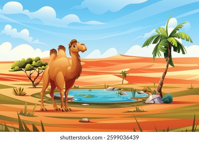 Camel standing near an oasis in the desert with sand dunes, trees, and clear sky. Vector cartoon illustration