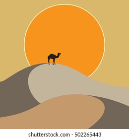 Camel standing on the sand dunes at sunset background. Background for travel company. Design theme tourism. Vector illustration desert landscape