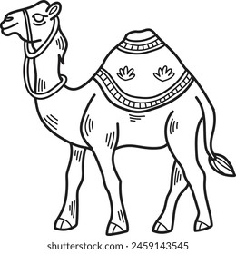 A camel is standing with a saddle on its back. The saddle is decorated with a colorful pattern