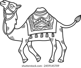 Un camello está de pie con una silla de montar en su espalda. El sillín está decorado con un patrón colorido