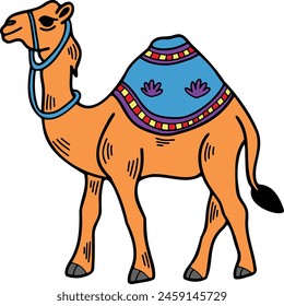 A camel is standing with a saddle on its back. The saddle is decorated with a colorful pattern