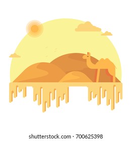 A camel stands in the background of the dunes. Around the hot sandy desert. Flat vector illustration