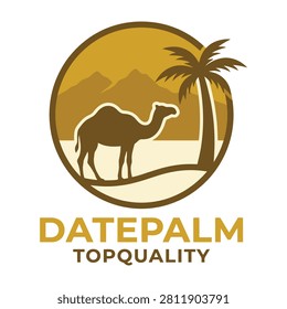 A camel stands under a palm tree in a desert landscape with mountains in the background