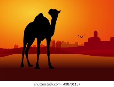 camel in sunset desert, vector