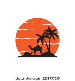 camel with sunset in the desert vector illustration design