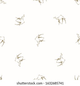 Camel - symbol of desert, seamless pattern. Linear brown gold sketch on sand white background. Africa hand drawn vector illustration.