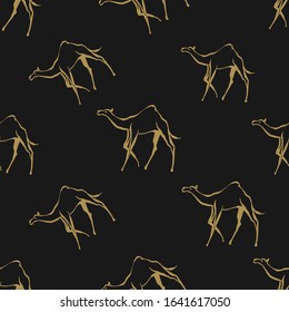 Camel symbol of desert seamless pattern. Linear golden brown sketch on sand black background. Africa hand drawn vector illustration.