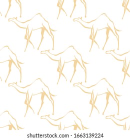 Camel symbol of desert seamless pattern. Linear sand brown sketch on white background. Africa hand drawn vector illustration.