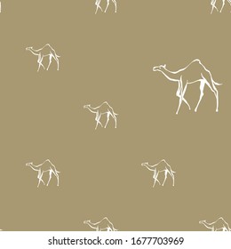Camel symbol of desert seamless pattern. Linear white sketch on sand brown background. Africa hand drawn vector illustration.