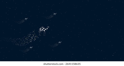 A camel symbol filled with dots flies through the stars leaving a trail behind. Four small symbols around. Empty space for text on the right. Vector illustration on dark blue background with stars