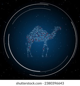 The camel symbol filled with white dots. Pointillism style. Some dots is red. Vector illustration on blue background with stars