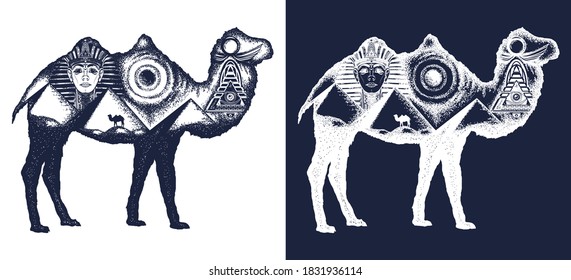 Camel tattoo art. Ancient Egypt, Pharaoh, Ankh, Pyramid. Symbol of archeology, ancient civilizations. Double exposure animals. Black and white vector graphics 