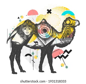 Camel tattoo art. Ancient Egypt, Pharaoh, Ankh, Pyramid. Symbol of archeology. Zine culture concept. Hand drawn vector glitch tattoo, contemporary  cyberpunk collage. Vaporwave art 