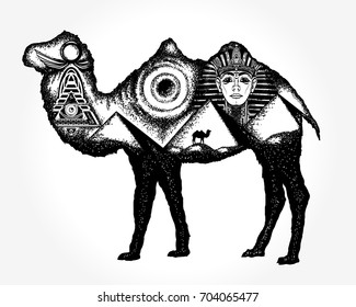 Camel tattoo art. Ancient egypt, pharaoh, ankh, pyramid. Double exposure animals. Symbol of archeology, ancient civilizations 