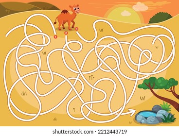 The camel is thirsty, can you guide it to the water pond? Maze puzzle game for children. Vector illustration.
