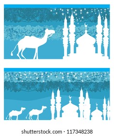 Camel through desert with arab skyline views.