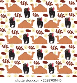 camel, turkey with fruit as a pattern background