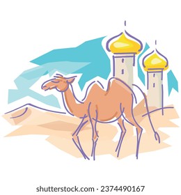 camel with two humps travels through the desert near two towers. camel color drawing made with lines