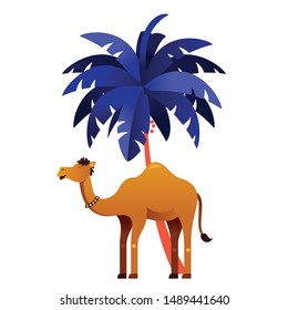 Camel under the palm tree flat vector illustration