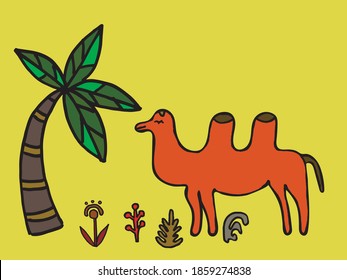 camel under a palm tree with camel thorns. Vector drawing of a camel in the desert. child drawing