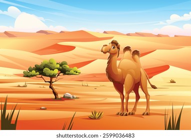 A camel in the vast desert with dunes and sparse vegetation. Vector cartoon illustration