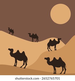 Camelo. Ilustração vetorial da caravana Camel no deserto. Cartão de cartaz de parede interior perfeito. Arte de verão com camelos dunas do deserto e sol. Cartaz de Verão Monocromático. EPS 10 