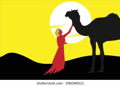 Camel vector illustration design, silhouette camel with girl in the desert